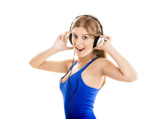 Naklejka premium Young woman listen music