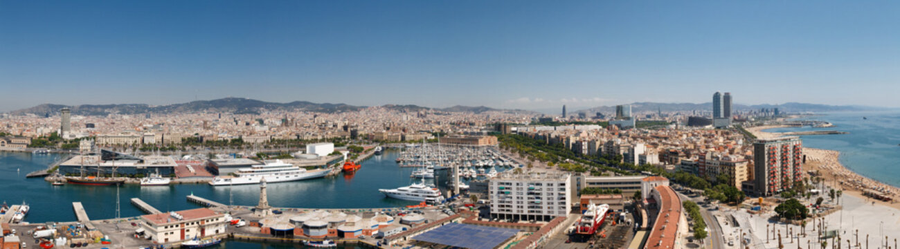 Panoramic View at Harbor, Beach and City of Barcelona, Spain.