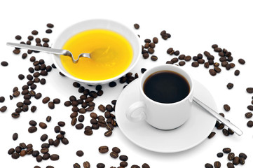 Coffee cup and honey bowl