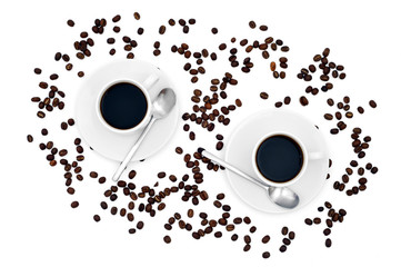 Two cups of coffee and coffee beans (above look)