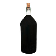 Retro bottle with red wine isolated on white.