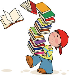 Schoolboy with huge pile of books