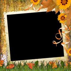 Wood grungy background with frame and flowers