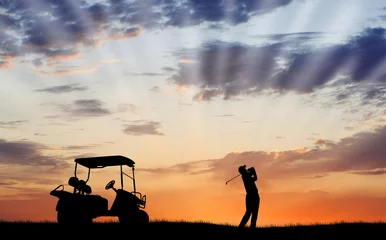 Aluminium Prints Golf Silhouette of golfer with golf cart