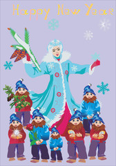 Obraz na płótnie Canvas girl with christmas tree and seven gnoms