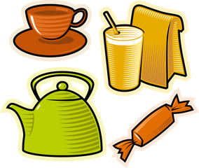 Objects of drinks, food and sweets