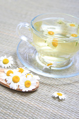 Fototapeta na wymiar cup of herbal tea with camomile flowers
