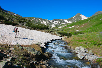 Fototapeta premium Hiker in Caucasus mountains