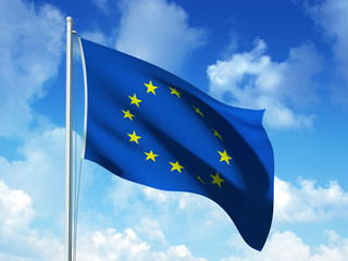 european union flag in blue sky background