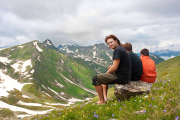 Hiker in Caucasus mountains