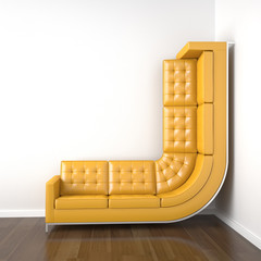 yellow couch bended to climb up wall