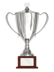 Silver trophy cup on wood pedestal