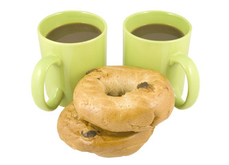 two coffees and two bagels isolated on white background
