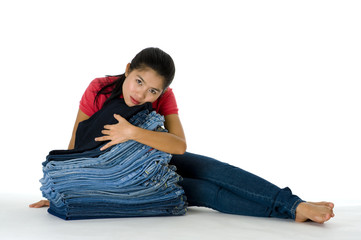 young woman with her jeans collection