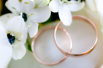 Two wedding rings are among flowers