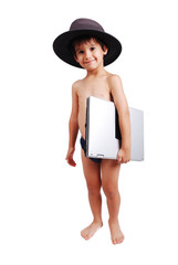 Cute kid in underwear with laptop, isolated