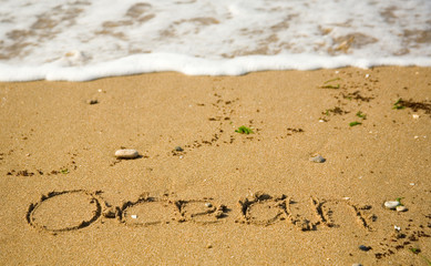 Word Ocean written on the sand