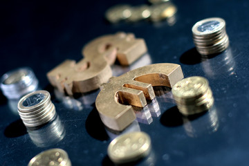Euro and dollar symbol and coins.
