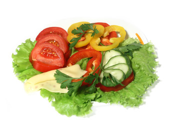 dish with a salad of cheese, peppers, tomatoes, cucumber