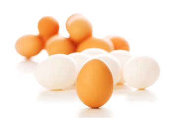 Many eggs on white - shallow depth of field