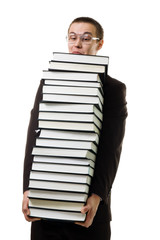 Man with a huge pile of books