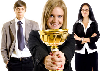 Three young successful businesspeople winning