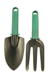 small garden fork and trowel isolated on white background