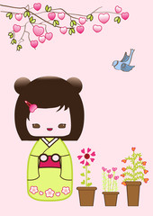 Japanese Kokeshi doll valentine scene  vector