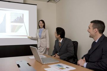 スクリーンに映ったグラフで説明をするol