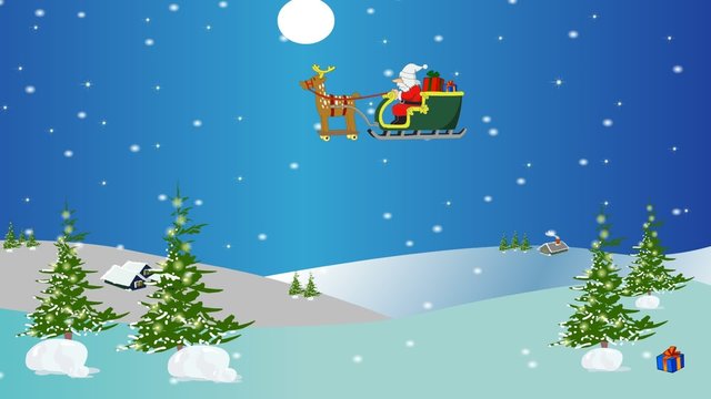 Santa Claus in a sleigh flying over the snow