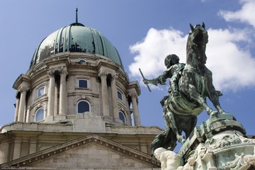 Fototapeta na wymiar Budapest - statue of Prince Eugene and castle cupola