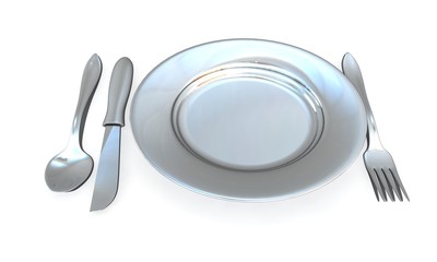 knife, fork, spoon and plate - isolated 3d render