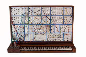 Fototapeta premium Vintage analog modular synthesizer with patchcords