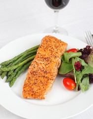 Salmon - Baked salmon steak with asparagus and salad
