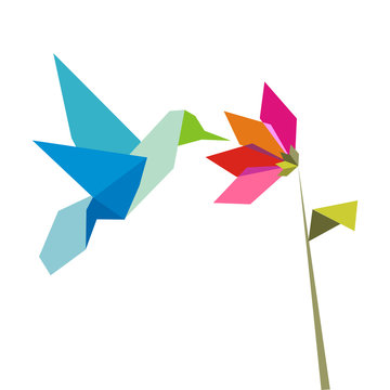 Origami  hummingbird  and flower on white