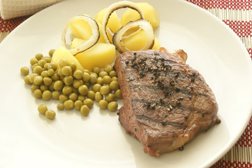 grilled pepper steak with organic potato and pea