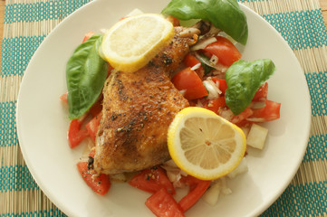 chicken and organic tomato salad and basil leaf