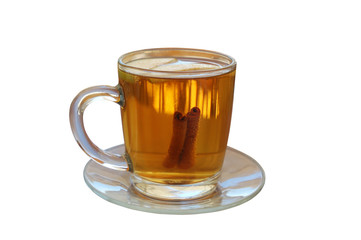 hot apple cider and cinnamon sticks isolated on white