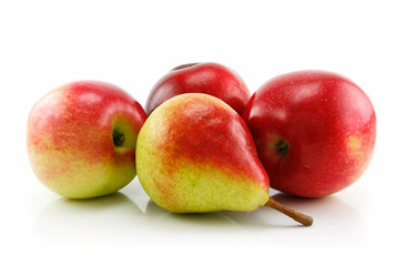 Three Ripe Red Apples and Pear in Row Isolated on White
