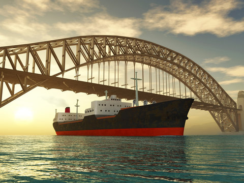 Cargo Ship Sail Under Bridge