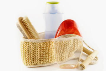 brush with pumice stone, sponge and shampoo