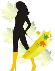 Silhouette of girl with umbrella. Autumn composition. Vector