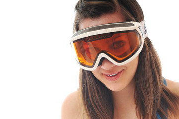 woman with ski googles isolated on white