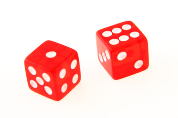 2 Dice close up - showing the numbers 1 and 6 isolated