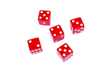 Five red dice showing random numbers isolated on white