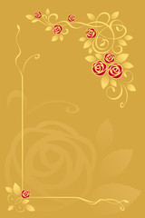 Red roses and golden leaves on yellow background