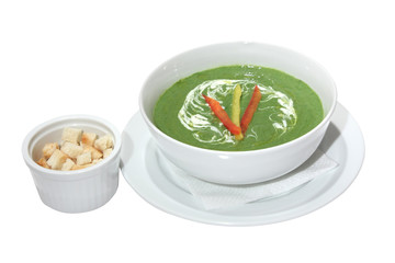 Spinach soup with sour cream, paprika  and croutons