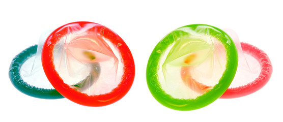 Color Condoms isolated on white background