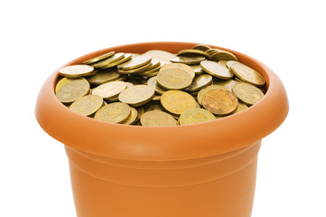 Many coins in the clay pot on white