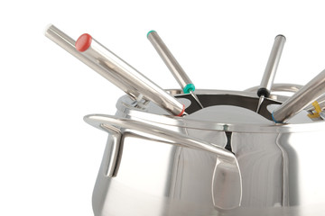 close-up of a stainless steel fondue maker